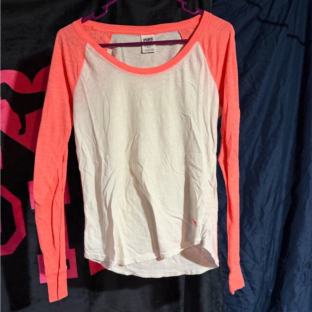PINK Victoria's Secret White Body with Coral Long-Sleeve Raglan Tee